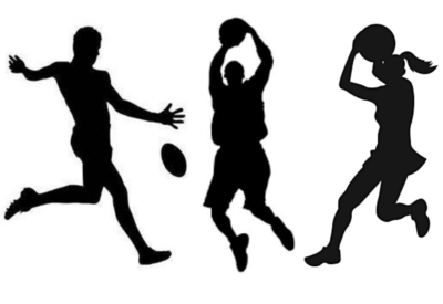 Three silhouette images of people playing football, one is kicking the ball, and the other two are marking the ball