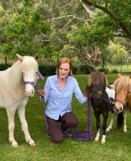 Donna from Nolton Park Horses smiles at the camera surrounded by three horses - one white, one black, and one caramel