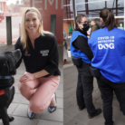 Amy from THRFG smiles at camera patting one of the COVID detector dogs at Lyell McEwin Hospital.