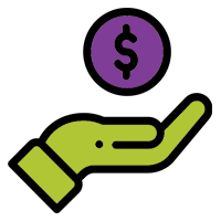 icon of green hand with purple coin showing dollar symbol