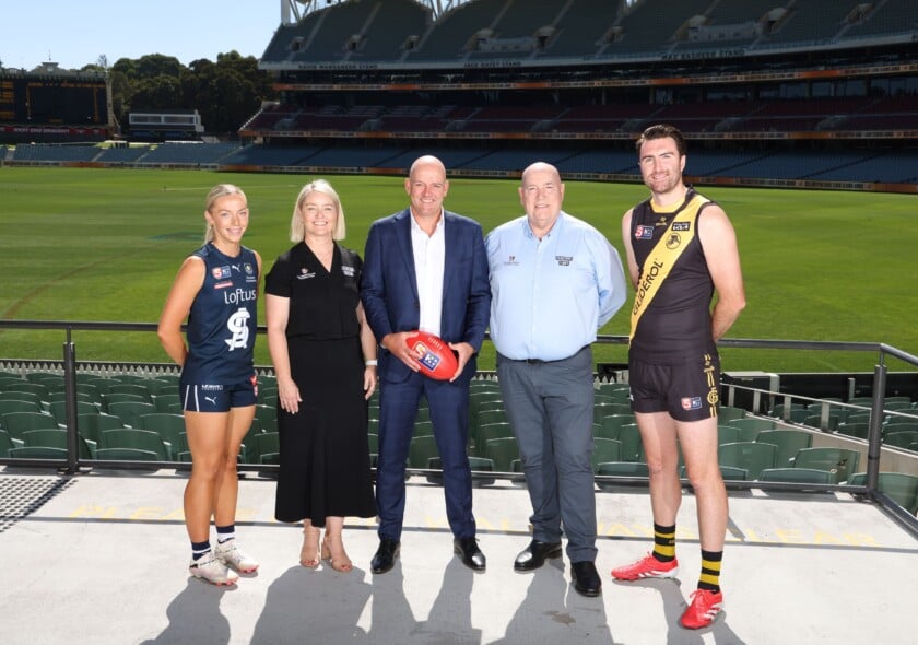 SANFL Darren Chandler with SANFL players and Paul Flynn and Briony Marshall
