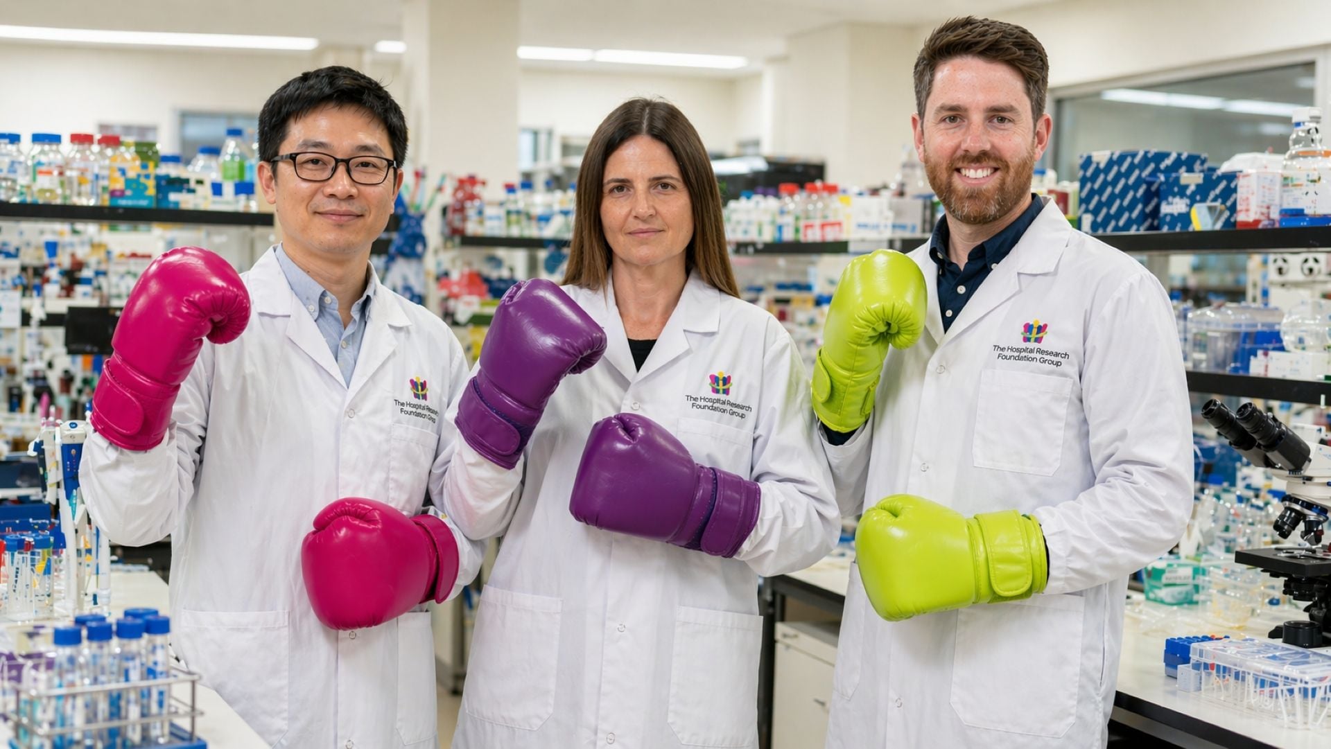 3 Hospital Research Foundation Group Researchers in the lab wearing boxing gloves