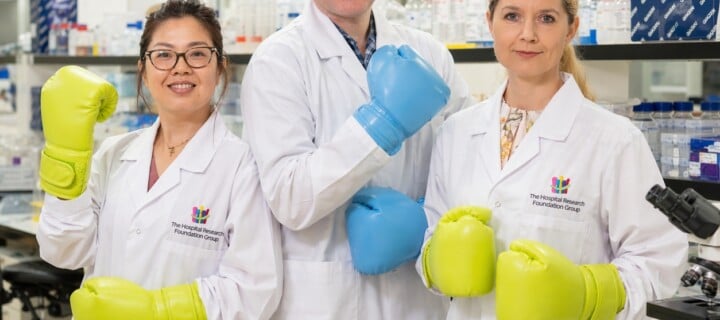 3 Hospital Research Foundation Group researchers in a lab wearing boxing gloves